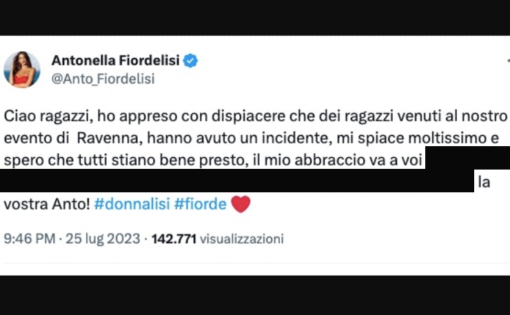 screenshot di Twitter, Antonella Fiordelisi - solospettacolo.it